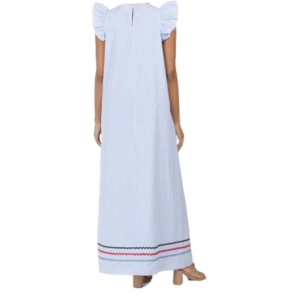 NWT Sail To Sable Flutter Sleeve Maxi in Blue Stripe Shirting Ric Rac Dress XS - Picture 3 of 13
